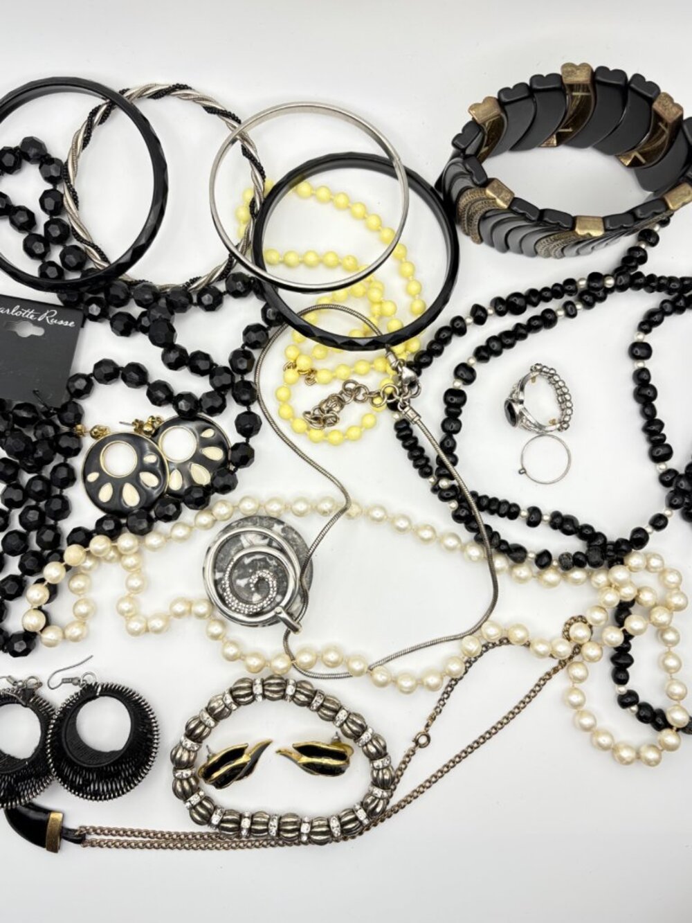 Vintage & Modern Jewelry Lot Black Faux Pearl Bead Necklaces Bangles Earrings